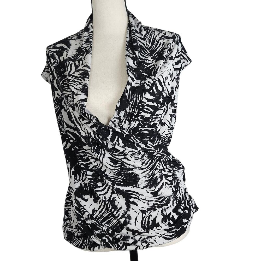 Chaus Cowl Neck Blouse Womens M Black White Animal Print Draped Top Artsy Career